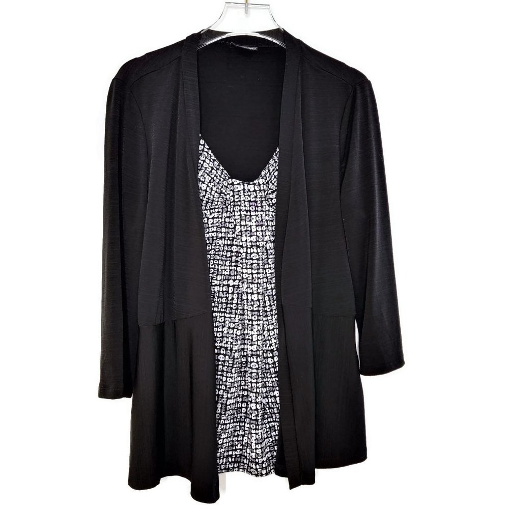 East 5th V Neck Top Small 3/4 Sleeve Black White Stretch Layered